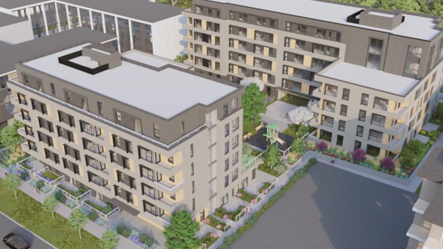 Aerial view of Village on the Green project digital render.